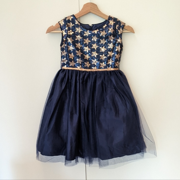 💙⭐ Dorissa Formal Dress Sequin Navy Gold Stars Tulle Girls Size 7 - Picture 1 of 10